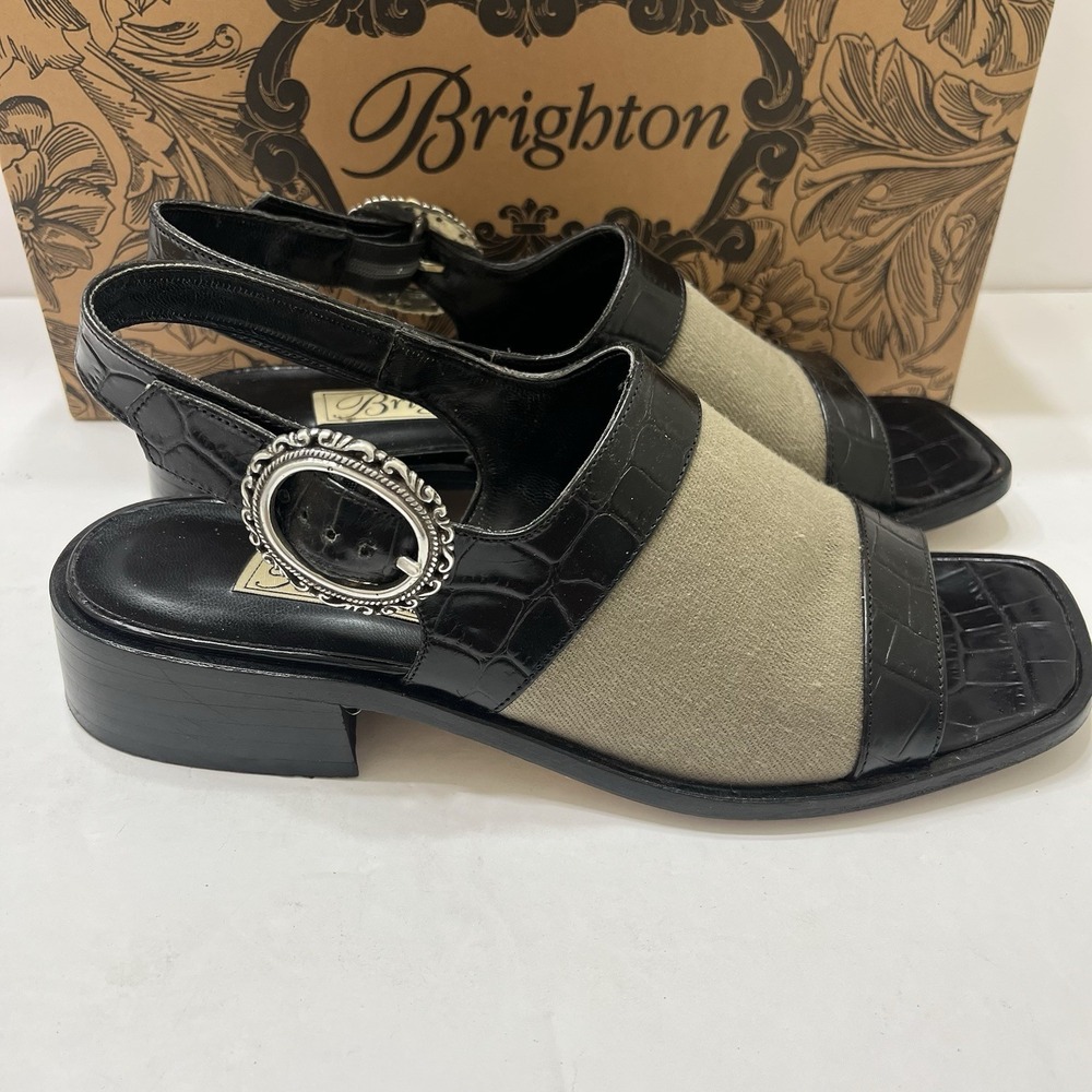 Vtg Brighton Slingback Sandals Olive Canvas Strap Black Croc-Embossed Leather 7M